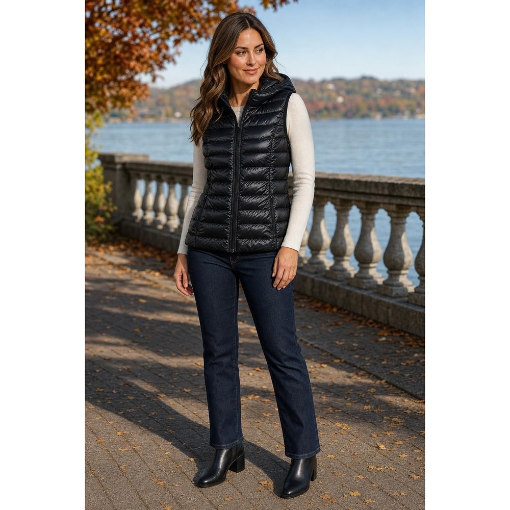 Halifax Traders Hooded Down Puffer Vest Women's M Black Shiny Quilted Outdoor